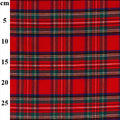 Red tartan plaid fabric with green, navy, and white stripes, shown with a vertical centimeter measurement scale on the left side.
