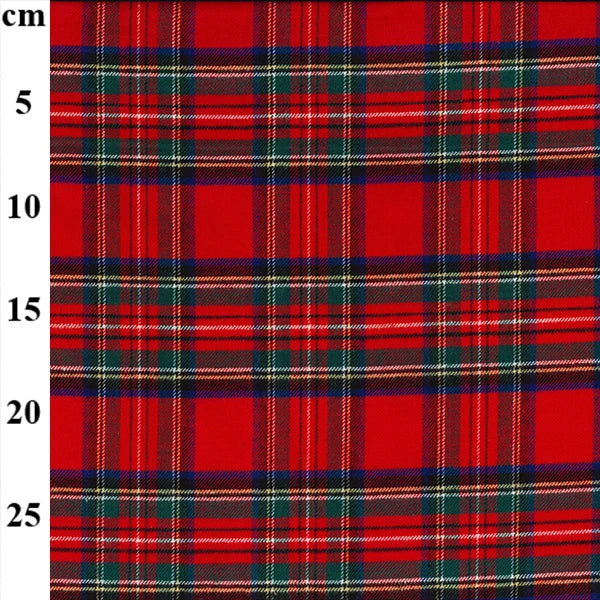 Red tartan plaid fabric with green, navy, and white stripes, shown with a vertical centimeter measurement scale on the left side.