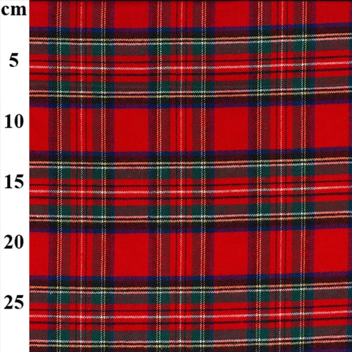 Red tartan plaid fabric with green, navy, and white stripes, shown with a vertical centimeter measurement scale on the left side.