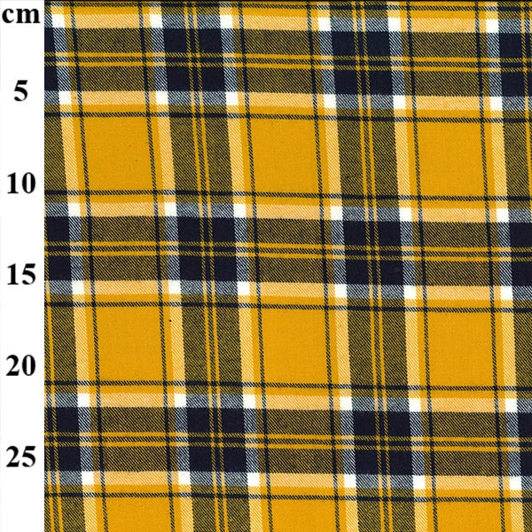 A close-up of a plaid fabric pattern with a vertical measurement scale on the left side in centimeters. The pattern features mustard yellow, dark navy blue, olive green, and white intersecting stripes.