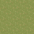 A repeating fabric or wallpaper pattern on an olive green background, featuring vertical dotted lines with small red, cream, and blue floral or berry-like accents.