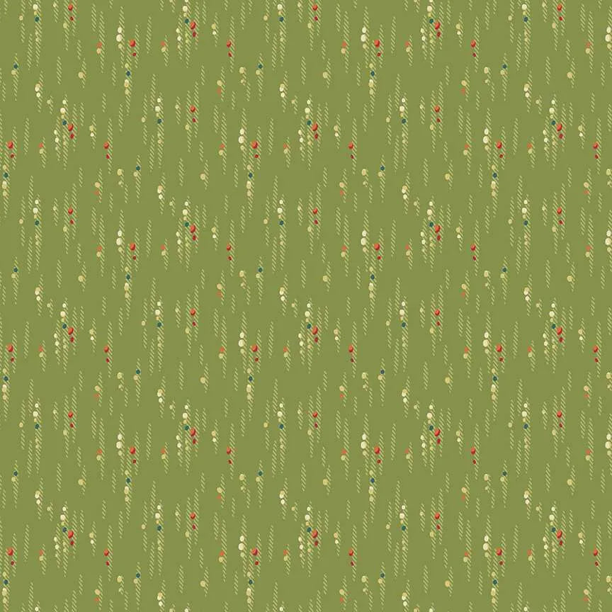 A repeating fabric or wallpaper pattern on an olive green background, featuring vertical dotted lines with small red, cream, and blue floral or berry-like accents.