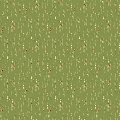A repeating fabric or wallpaper pattern on an olive green background, featuring vertical dotted lines with small red, cream, and blue floral or berry-like accents.