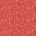 A repeating fabric pattern featuring a coral red background with vertical rows of small white dots, light green leaves, and tan leaf-like accents.