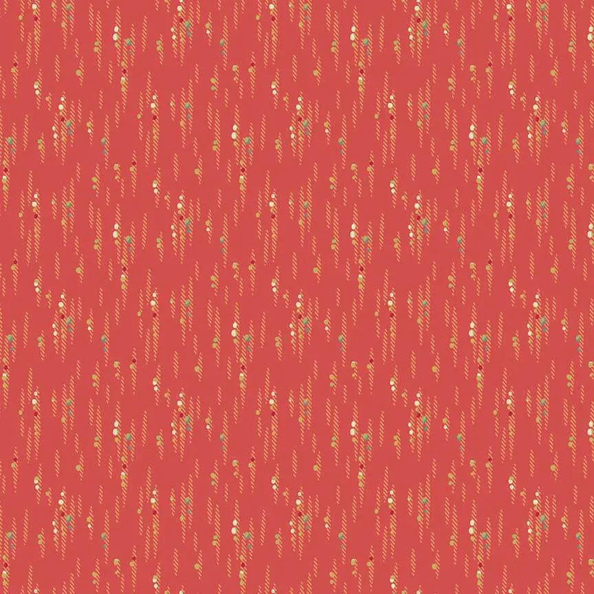 A repeating fabric pattern featuring a coral red background with vertical rows of small white dots, light green leaves, and tan leaf-like accents.