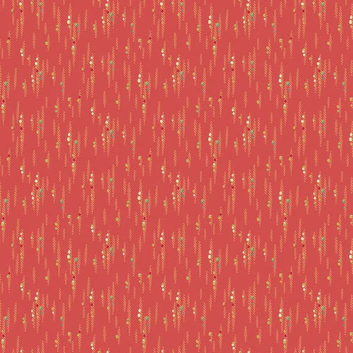 A repeating fabric pattern featuring a coral red background with vertical rows of small white dots, light green leaves, and tan leaf-like accents.