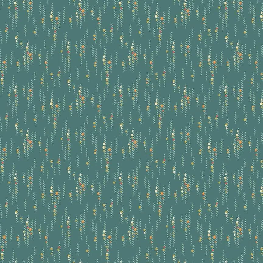 A repeating pattern of small vertical floral and leafy motifs in muted orange, cream, and light blue on a teal-blue background.