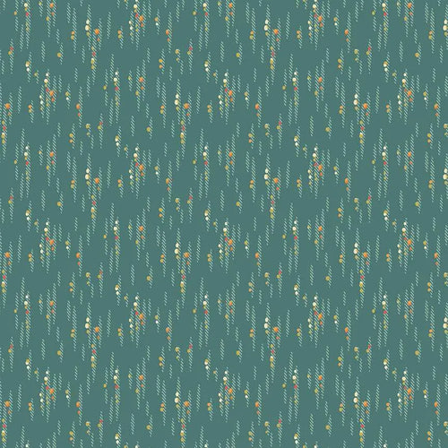 A repeating pattern of small vertical floral and leafy motifs in muted orange, cream, and light blue on a teal-blue background.