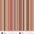 Striped fabric pattern with red, green, and beige colors on a white background, featuring Andover Fabrics branding.