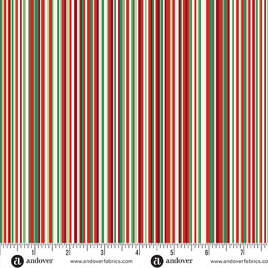 Striped fabric pattern with red, green, and beige colors on a white background, featuring Andover Fabrics branding.