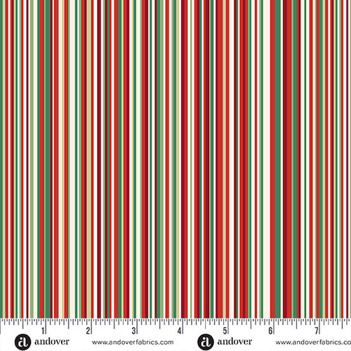Striped fabric pattern with red, green, and beige colors on a white background, featuring Andover Fabrics branding.
