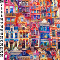 A colorful watercolor-style illustration of densely packed European townhouses with ornate facades, windows, and rooftops. A vertical measurement scale in centimeters runs along the left edge, indicating the print size.