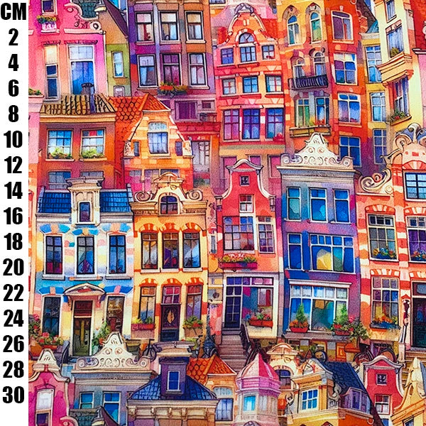 A colorful watercolor-style illustration of densely packed European townhouses with ornate facades, windows, and rooftops. A vertical measurement scale in centimeters runs along the left edge, indicating the print size.