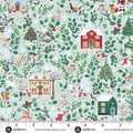 Christmas-themed fabric pattern with houses, trees, and animals on a light blue background, featuring Andover Fabrics branding.