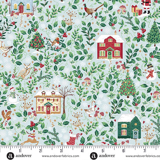 Christmas-themed fabric pattern with houses, trees, and animals on a light blue background, featuring Andover Fabrics branding.