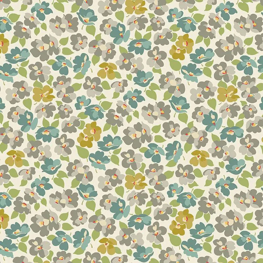 A repeating retro floral pattern with stylized flowers in teal, olive green, mustard yellow, and gray on a warm off-white background.