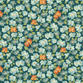 A repeating floral pattern featuring light blue and orange flowers with green leaves on a dark teal background.