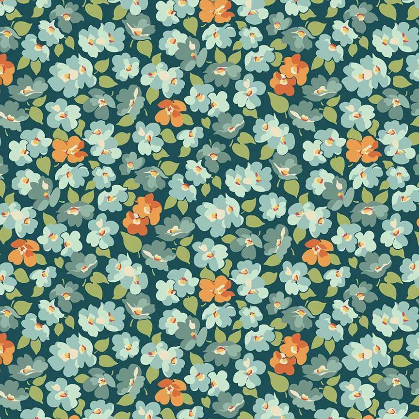 A repeating floral pattern featuring light blue and orange flowers with green leaves on a dark teal background.