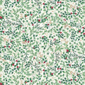 A repeating holiday botanical pattern on an off-white background, featuring green leaves, pine branches, small red berries, and a few cream-colored woodland animals.