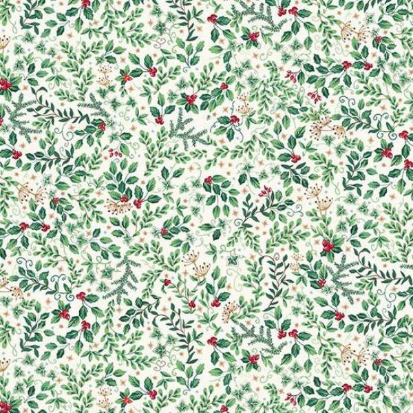 A repeating holiday botanical pattern on an off-white background, featuring green leaves, pine branches, small red berries, and a few cream-colored woodland animals.