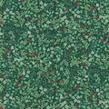A repeating botanical pattern featuring green leaves, small red berries, and white star-shaped flowers on a dark green background.