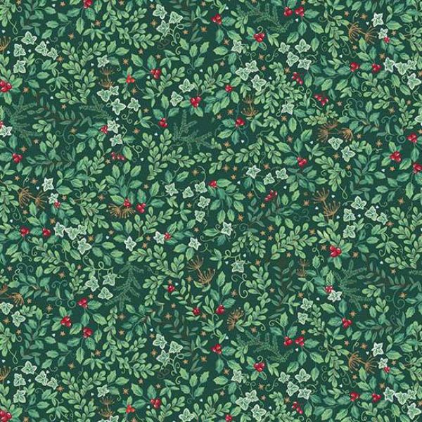 A repeating botanical pattern featuring green leaves, small red berries, and white star-shaped flowers on a dark green background.