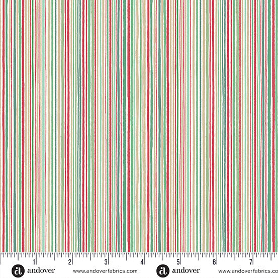 Striped fabric with red, green, and beige stripes on a white background, featuring a ruler at the bottom.