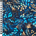 A close-up of a dark navy blue patterned fabric with blue, teal, and gold botanical leaf motifs. A vertical black measurement scale with centimeter numbers runs along the left edge.