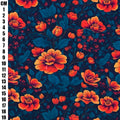 A close-up of a floral fabric pattern with large orange and red flowers, dark blue leaves, and a dark navy background. A vertical measurement scale in centimeters is printed along the left edge.