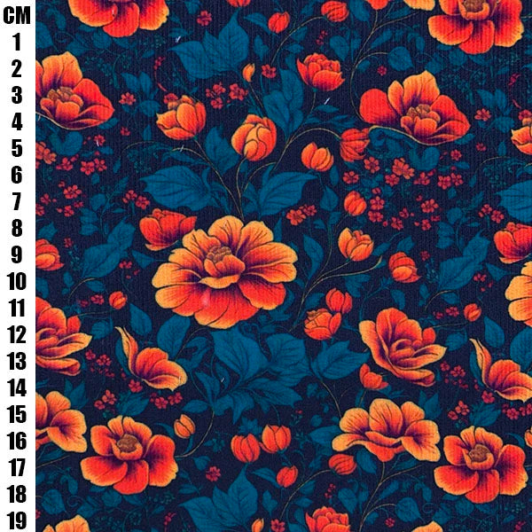 A close-up of a floral fabric pattern with large orange and red flowers, dark blue leaves, and a dark navy background. A vertical measurement scale in centimeters is printed along the left edge.