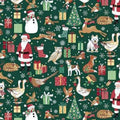 Christmas-themed pattern with Santa Claus, reindeer, dogs, and other festive elements on a green background.