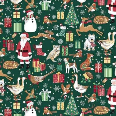 Christmas-themed pattern with Santa Claus, reindeer, dogs, and other festive elements on a green background.