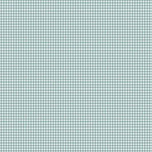 A close-up of a repeating gingham pattern in pale blue and white, filling the entire fabric.