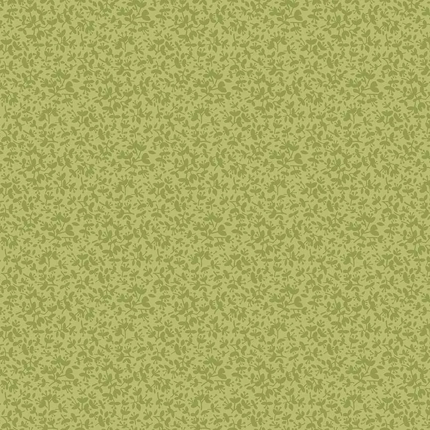 A close-up of a repeating floral pattern in muted olive green on a light beige background.