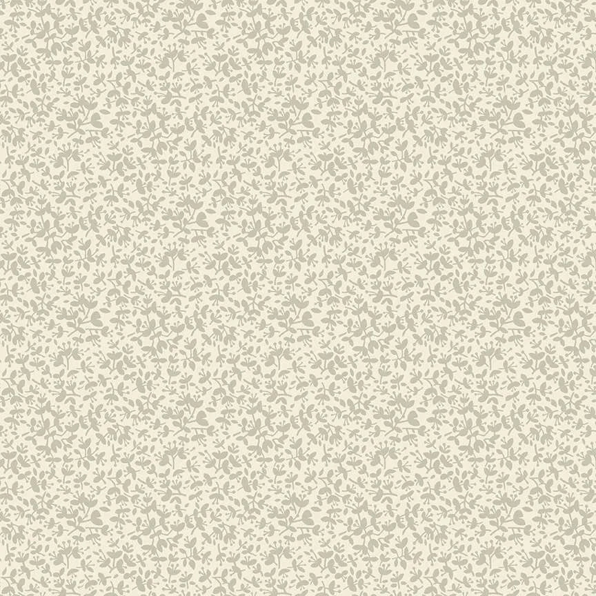 A close-up of a repeating floral pattern in soft sage green on a warm cream background.