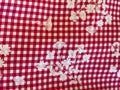 Red and white gingham fabric with a white floral print, shown in a close-up texture view.