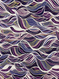 A close-up of a repeating abstract wavy pattern in purple, navy, white, and thin yellow lines, filling the entire frame.
