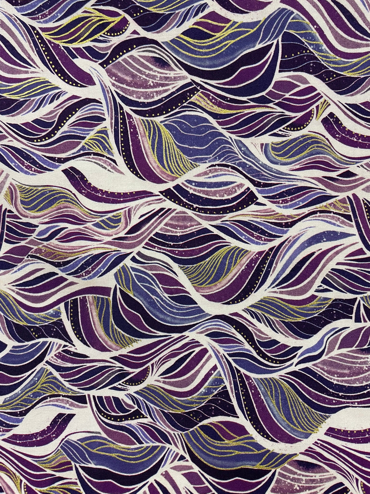A close-up of a repeating abstract wavy pattern in purple, navy, white, and thin yellow lines, filling the entire frame.