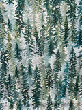 A repeating pattern of tall evergreen trees in shades of dark green, teal, and soft sage on a light off-white background.