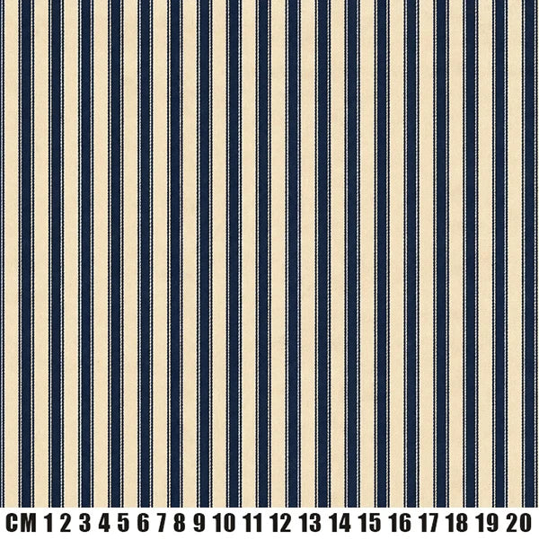 Vertical navy blue and cream stripes with a small black measurement scale along the bottom edge showing centimeter increments from 1 to 20.