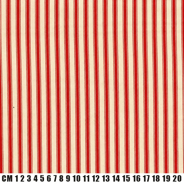 Red and cream vertical striped fabric pattern with a black measurement scale at the bottom indicating centimeter increments from 1 to 20.