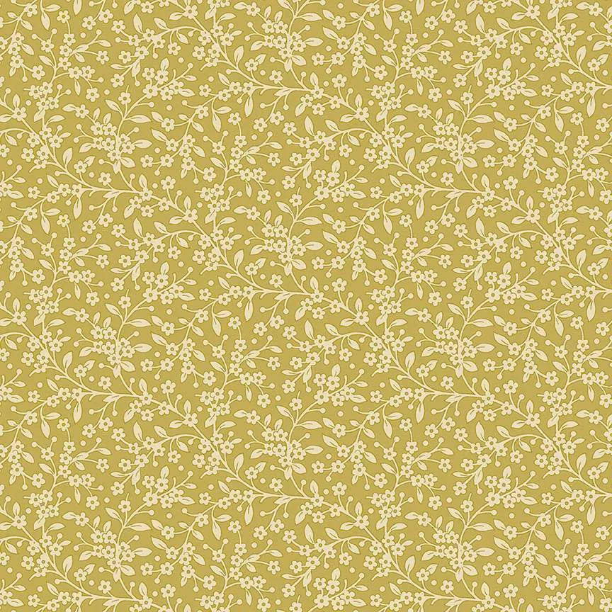A repeating floral pattern with delicate cream-colored blossoms and leaves on a warm mustard yellow background.