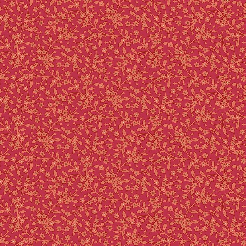 A repeating floral vine pattern in warm peach and tan on a deep red background, filling the entire frame.
