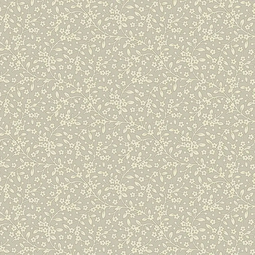 A repeating floral vine pattern in warm off-white on a muted sage green background, shown as a full-frame closeup of the surface design.