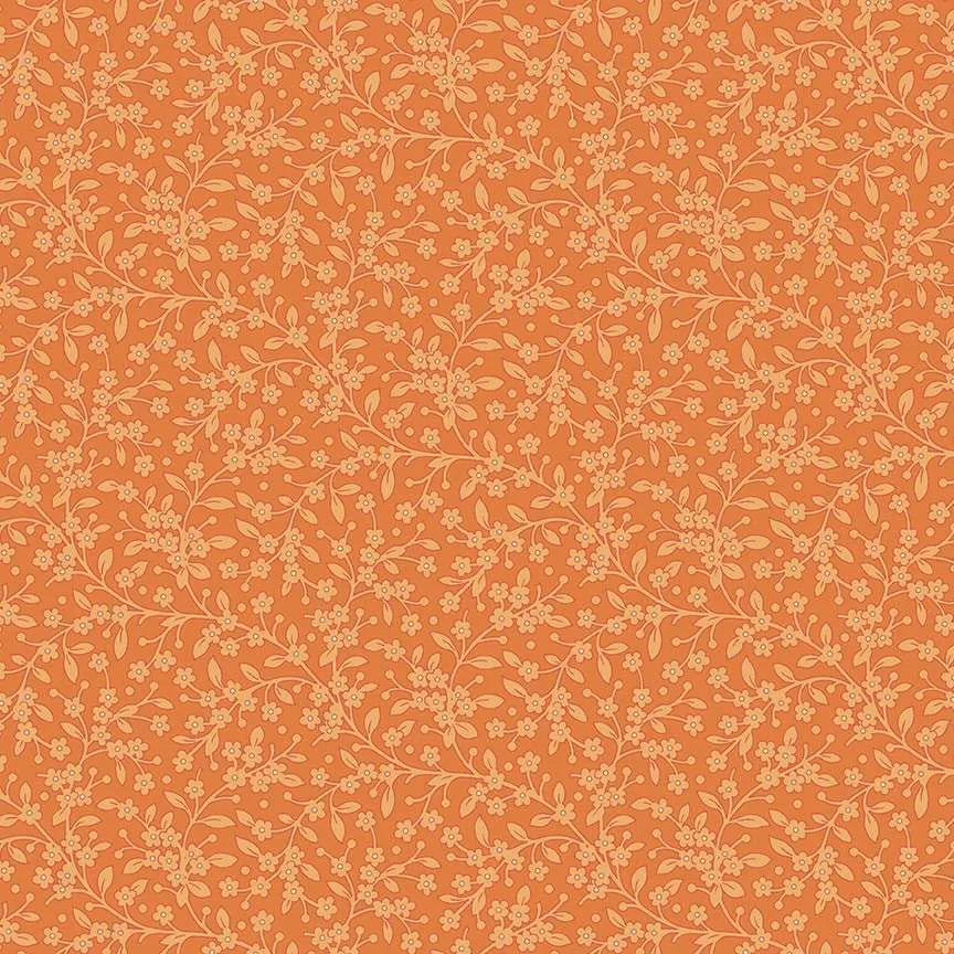 A repeating floral pattern in light beige on a warm orange background, filling the entire frame.