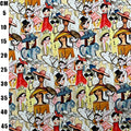 A close-up of patterned fabric featuring a repeating vintage illustration of women in hats and dresses, with a black centimeter measurement scale printed along the left edge.