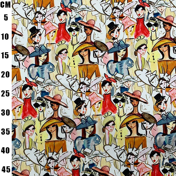 A close-up of patterned fabric featuring a repeating vintage illustration of women in hats and dresses, with a black centimeter measurement scale printed along the left edge.