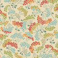 A repeating floral pattern on a warm cream background, featuring clusters of small flowers in red, orange, light blue, olive green, and pale gray with muted blue-gray stems and leaves.