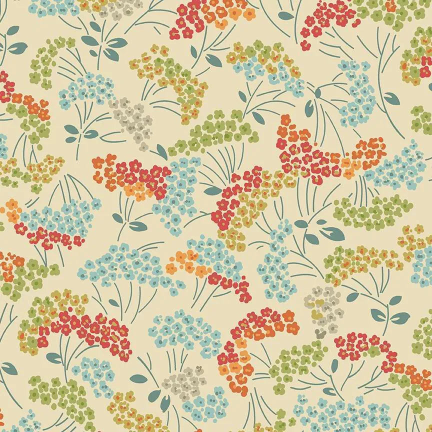 A repeating floral pattern on a warm cream background, featuring clusters of small flowers in red, orange, light blue, olive green, and pale gray with muted blue-gray stems and leaves.