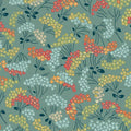 A repeating floral pattern featuring clusters of small flowers in coral red, pale yellow, cream, and light blue with dark teal stems and leaves on a muted sage green background.